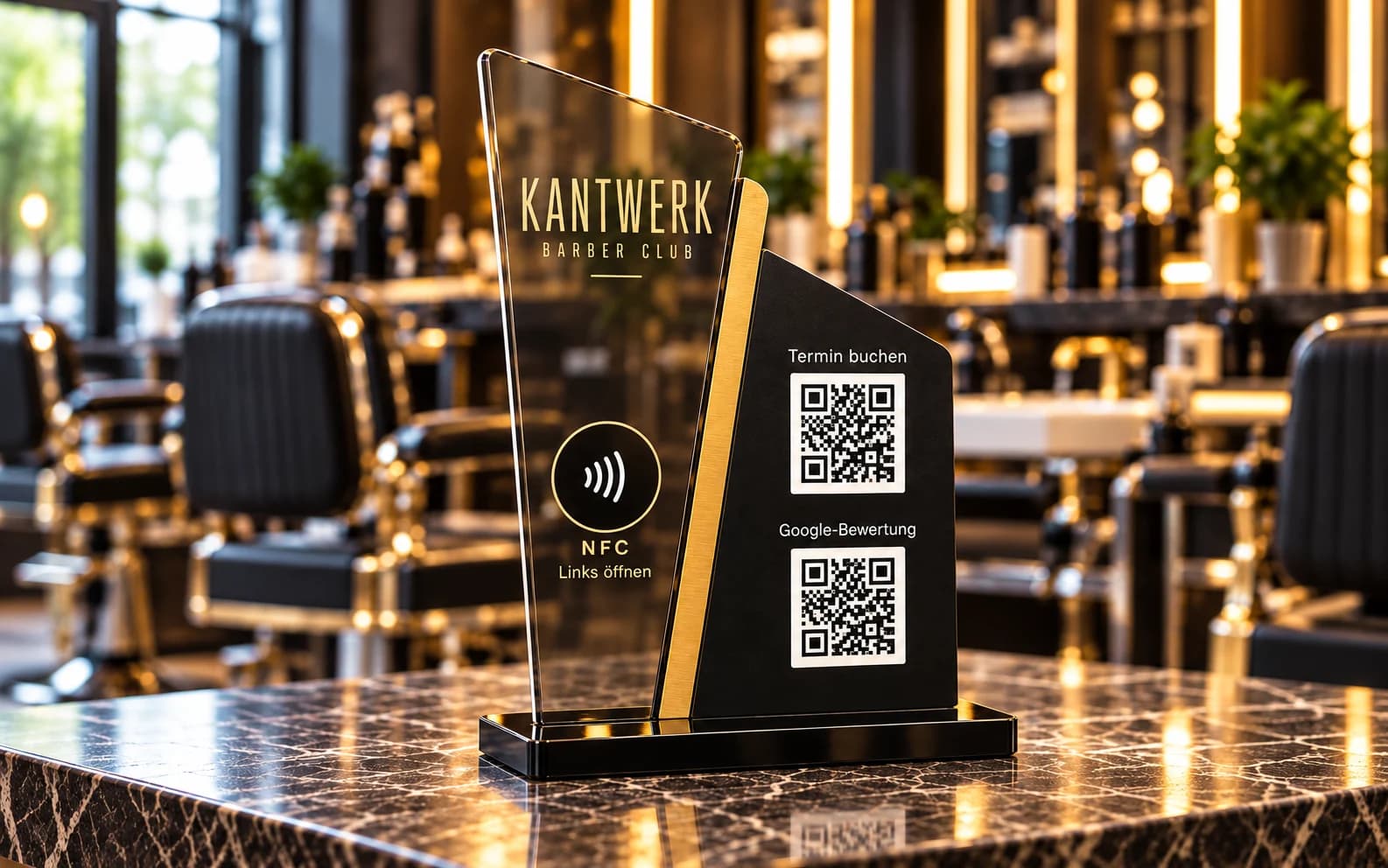 Schwarz-goldener Acryl-QR- und NFC-Aufsteller an einem Barbershop-Platz