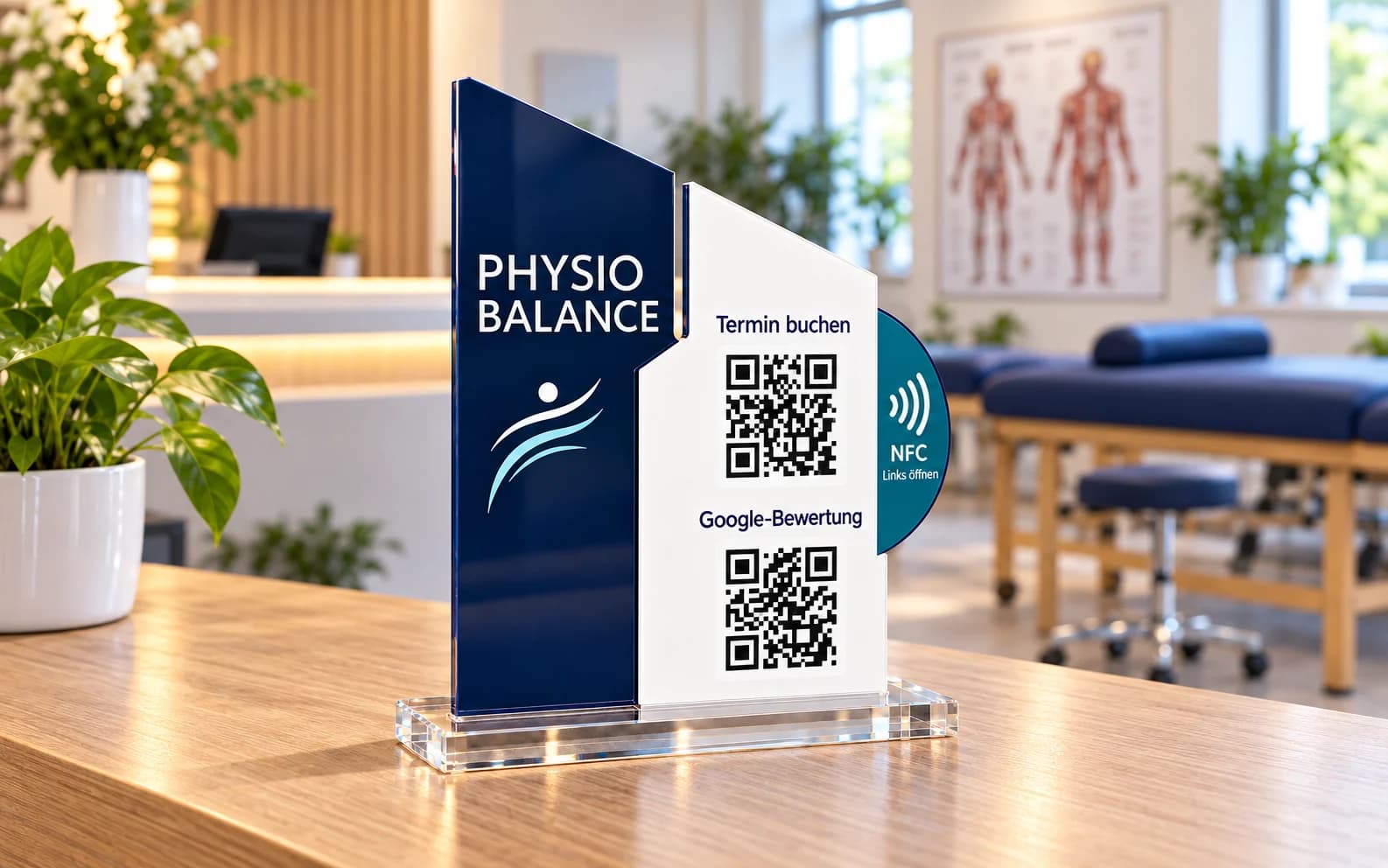 Dunkelblau-weißer Acryl-QR- und NFC-Aufsteller am Empfang einer Physiotherapiepraxis