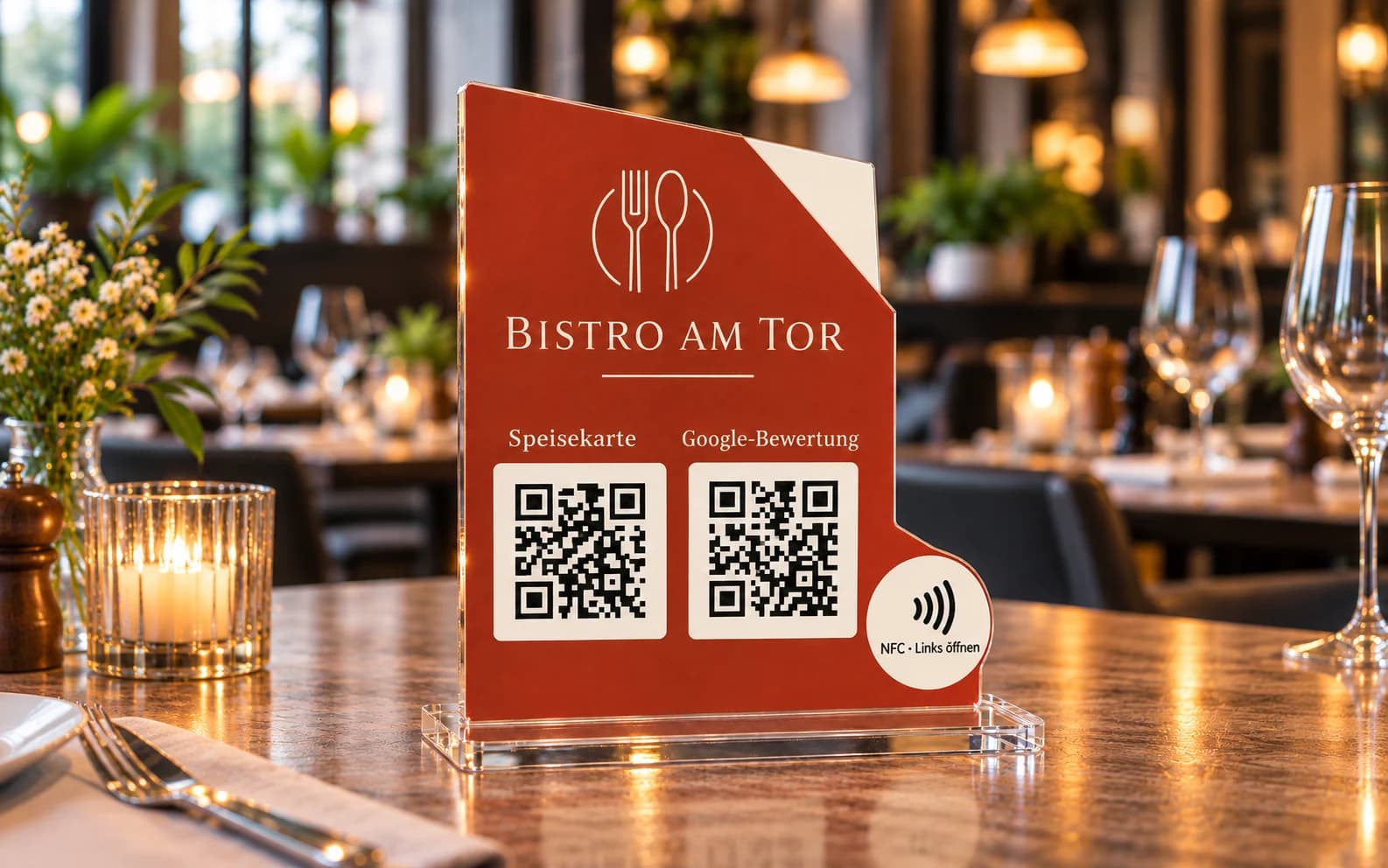 Terrakottafarbener Acryl-QR- und NFC-Aufsteller auf einem Restauranttisch