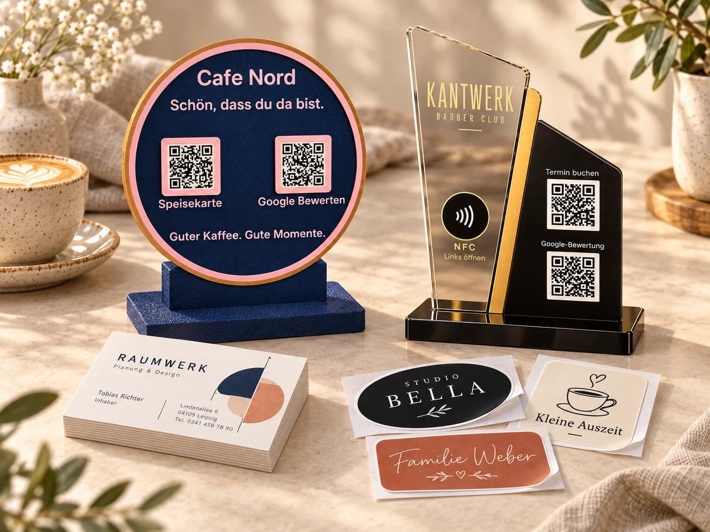 Runder dunkelblauer QR-Aufsteller und schwarz-goldener Acryl-NFC-Aufsteller mit bedruckten Visitenkarten und individuellen Aufklebern