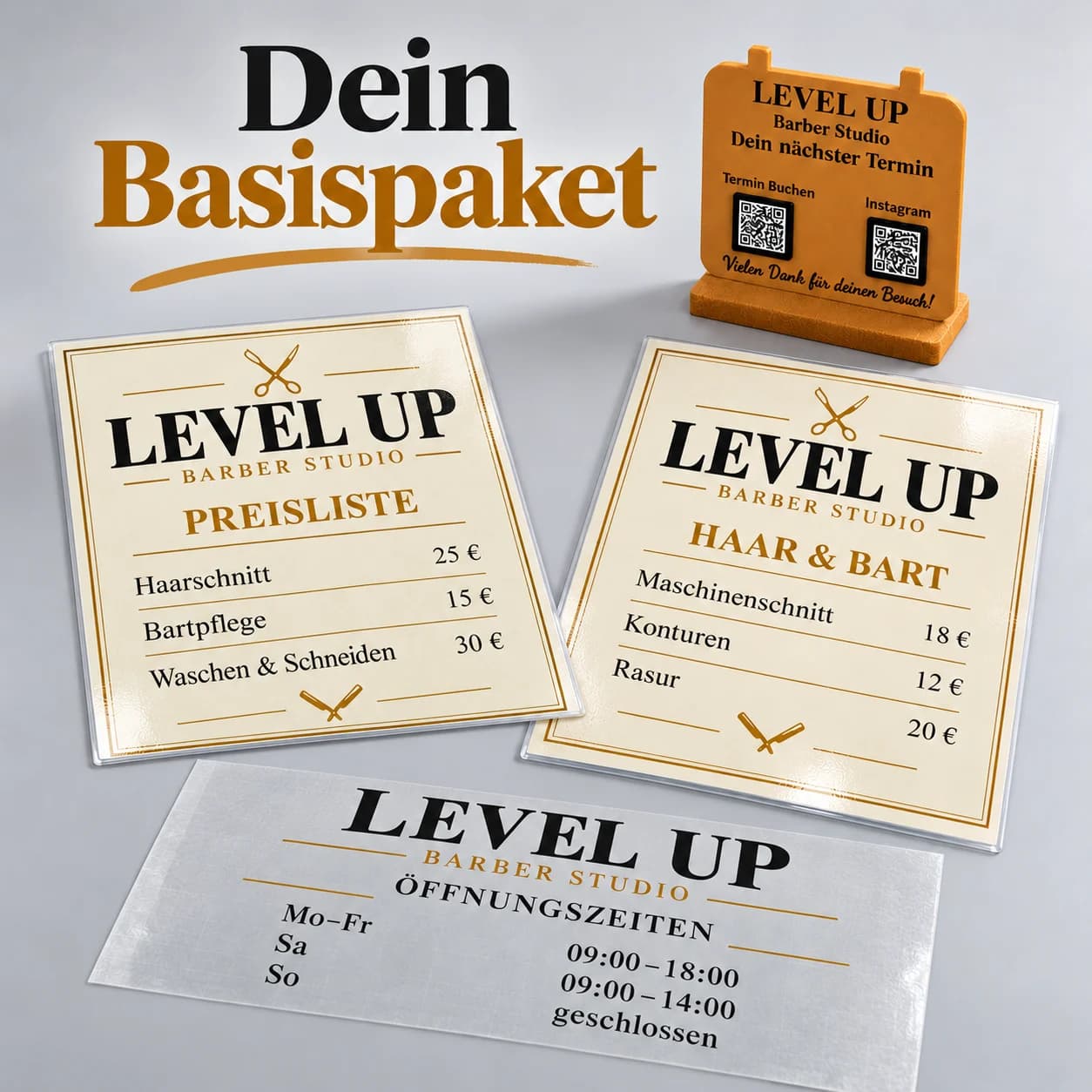Barber- & Friseursalon-Paket – Öffnungszeiten, QR-/NFC-Aufsteller & laminierte Preislisten
